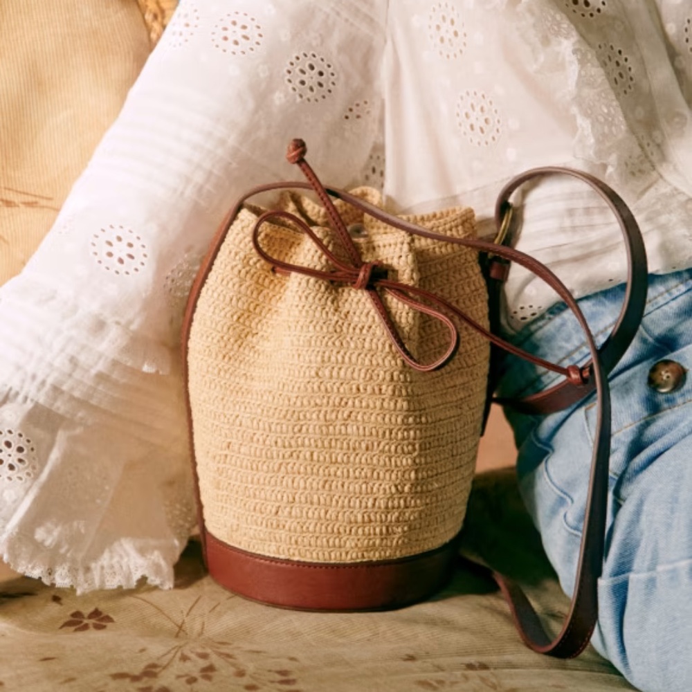 Sezane Mini Farrow Raffia Leather Bucket Bag